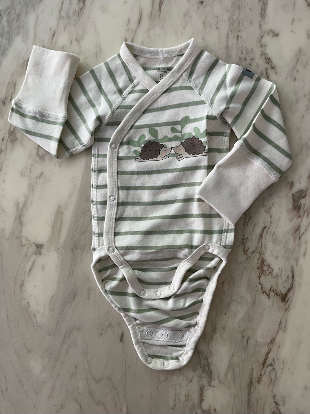 Polarn O. Pyret White and Light Green Striped Hedgehog Wrap-Front One-Piece